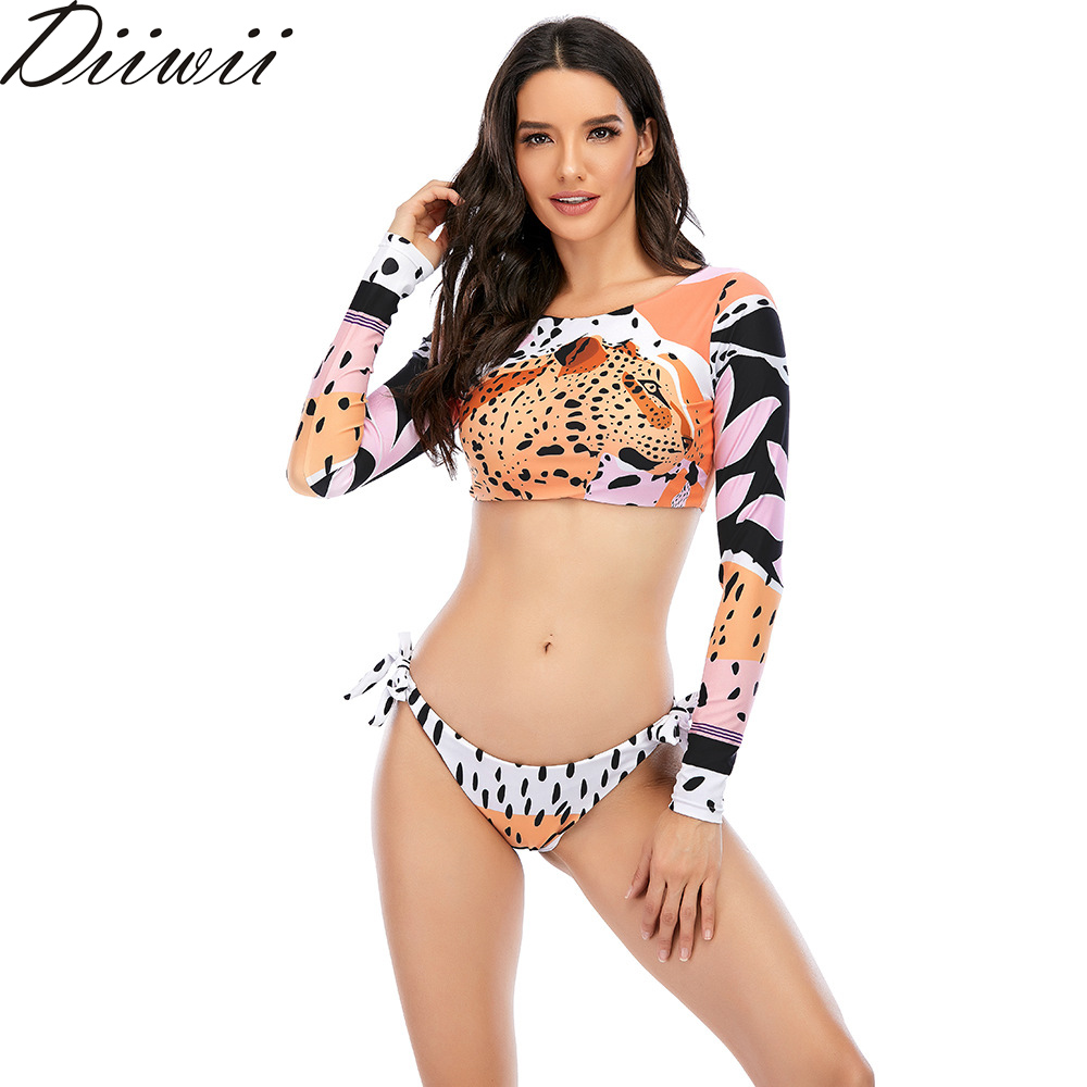 

2021diiwii surfing swimsuit for women 2021 bikini long sleeve swimwear tiger print push up summer bath suit two piece bandeau, White;black