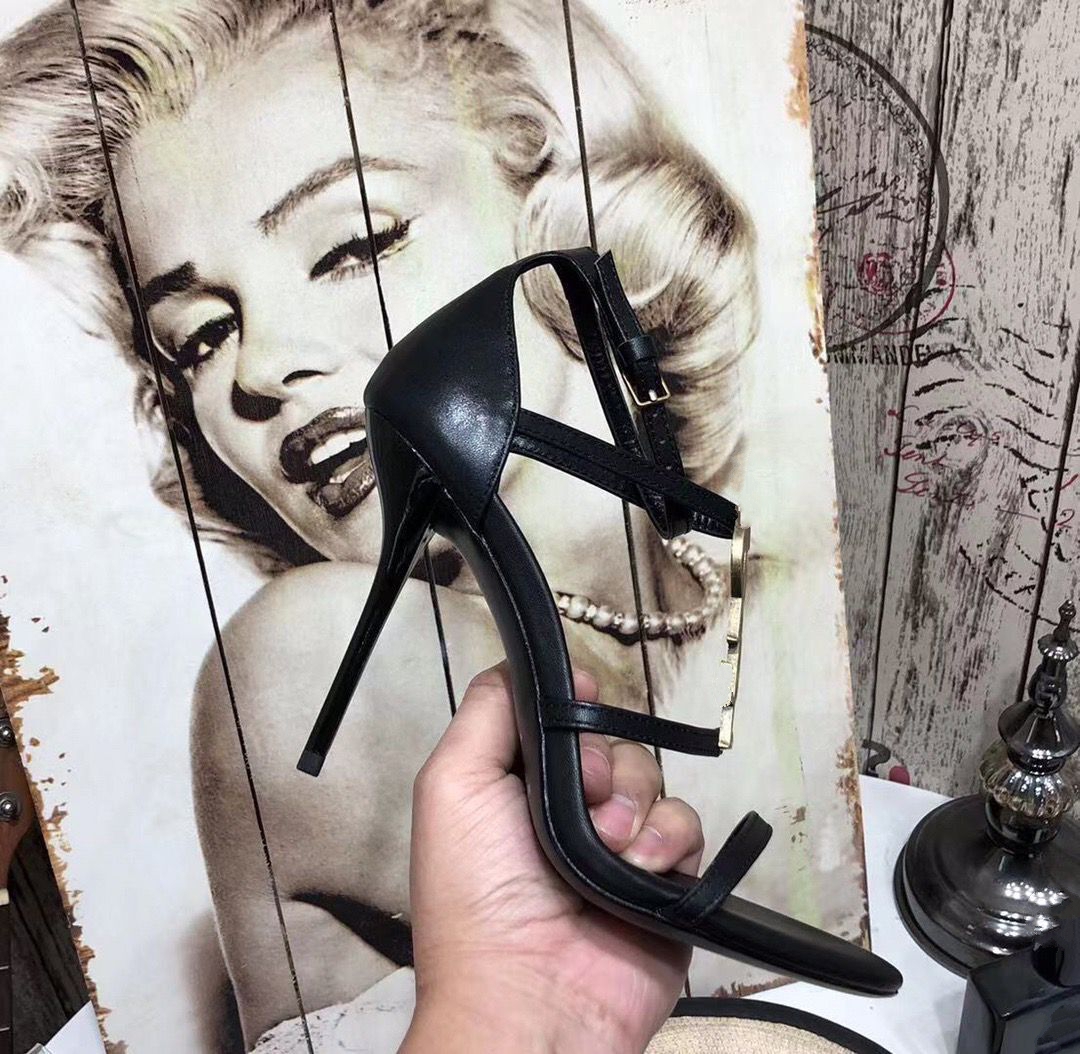 

Custom made Top quality suede inside luxury designer metal strip Black Patent Leather Thrill Heel Pumps Women Tribute Leather Sandals. mjk001