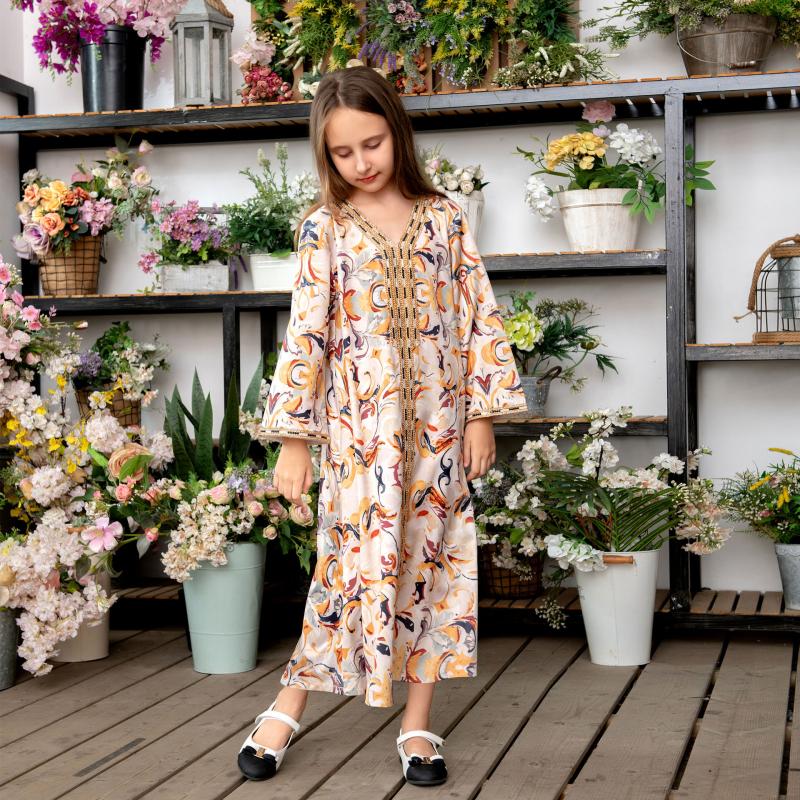 

Ethnic Clothing Abayas Ramadan Eid Children Floral Print Long Sleeve Robes Muslim Girls Hijab Dress Dubai Turkey Caftan Arab Islam Morocco G