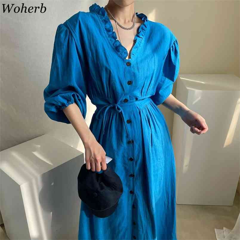 

Vintage Robe Summer Puff Sleeve Ruffle Patch Single-breasted Dress Office Lady Korean Fashion Solid Dresses Chic 210519, Rose red