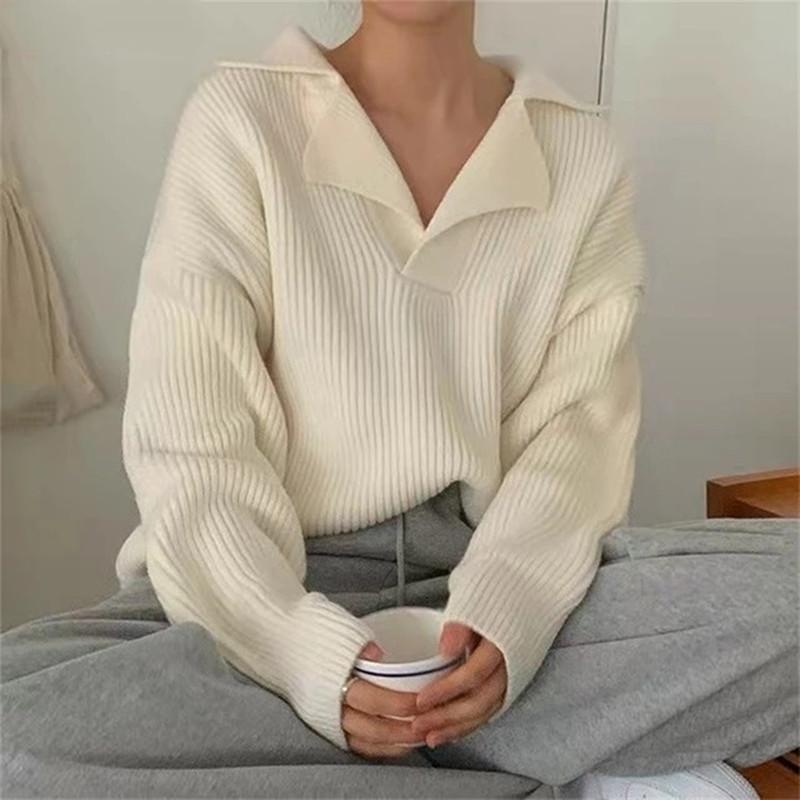 

Women's Sweaters Women Collar Loose Knitted Sweater Tops Winter Fashion 2021 Khaki Casual Pullovers Long Sleeve Female Jumpers, White;black