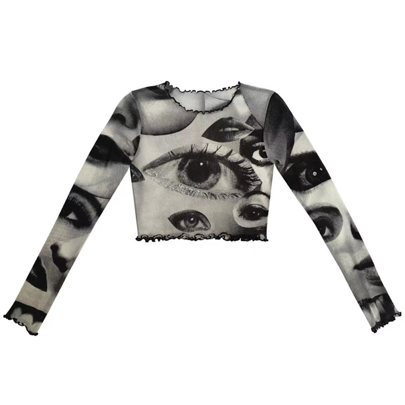 

2021 new women' screen big eye printed ear edge short open navel top T-shirt, Black