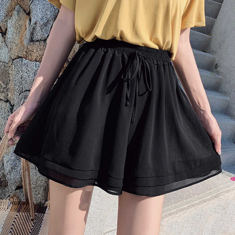 

Fashion Summer Chiffon Shorts Casual Loose Elastic Waist Wide Leg Pleated Shorts for summer S-3XL W781 210526, Black