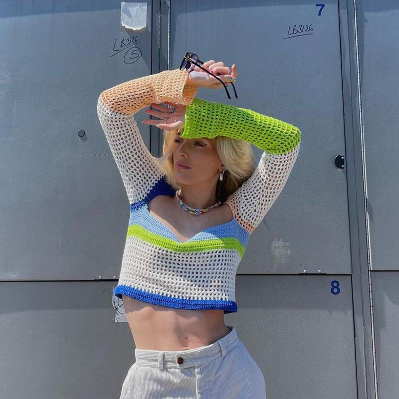 

Women' Sweaters 2021 Basic Square Neck Ladies Knitwear Autumn Tops Fashion Stitching Long Sleeve Soft Sweater Short Fall Clothes, Green