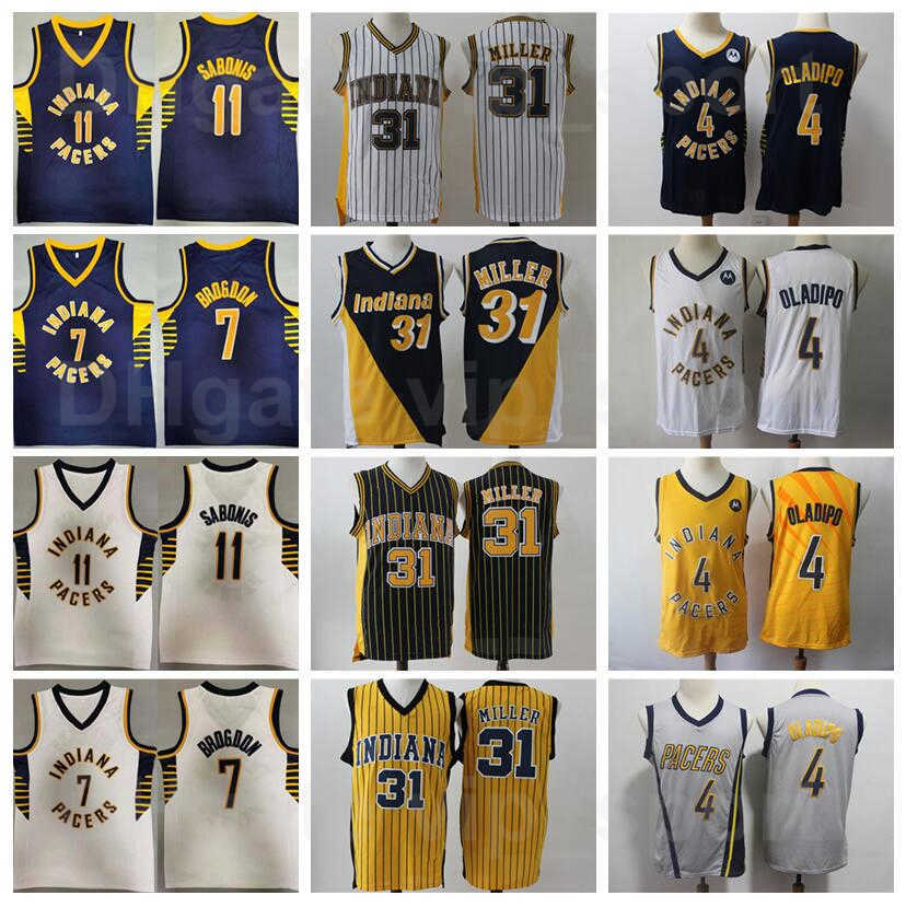 

Men Basketball Domantas Sabonis Jersey 11 Malcolm Brogdon 7 Victor Oladipo 4 Reggie Miller 31 Vintage Retro Black Yellow WHite Navy Blue, 31 white