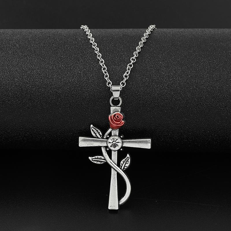 

Pendant Necklaces Rose Cross Plated Symbol Romantic Love Flower Necklace For Woman Graceful Natural Chain Christmas Gift, Silver