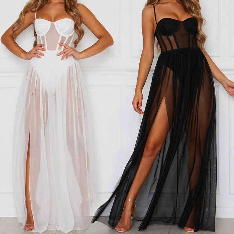 

Sexy Women Mesh Sheer Sling Bikini Cover Ups Ladies Summer V-neck See Through Long Dresses Female Split High Waist Beach, White;black