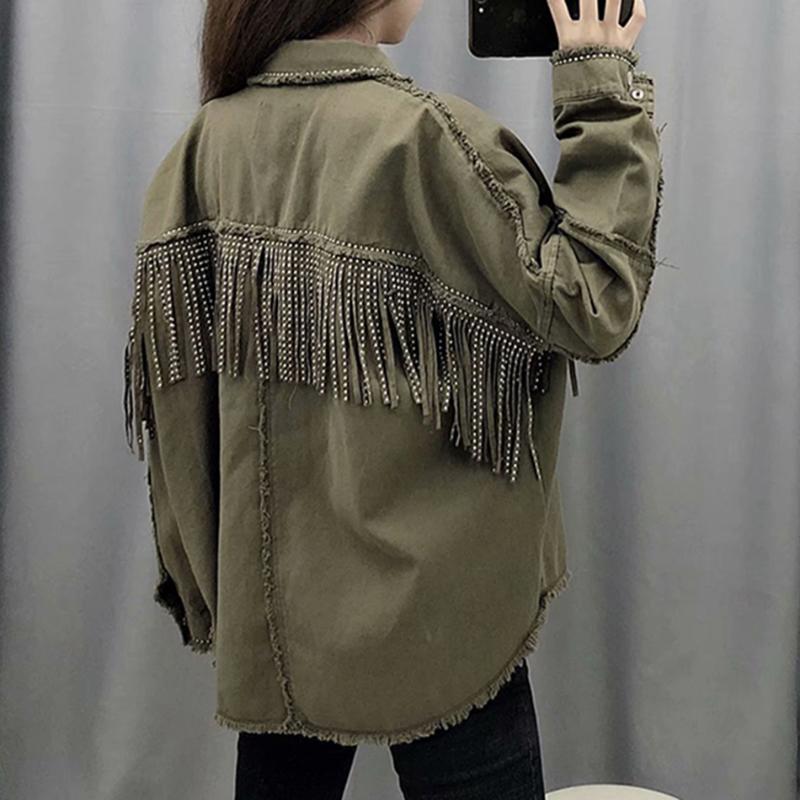 

Men's Jackets Vintage Fringe Beaded Loose Denim Jacket Coat Women 2021 Fashion Tassel Long Sleeve Frayed Trim Ladies Outerwear Chaqueta Muje, Black