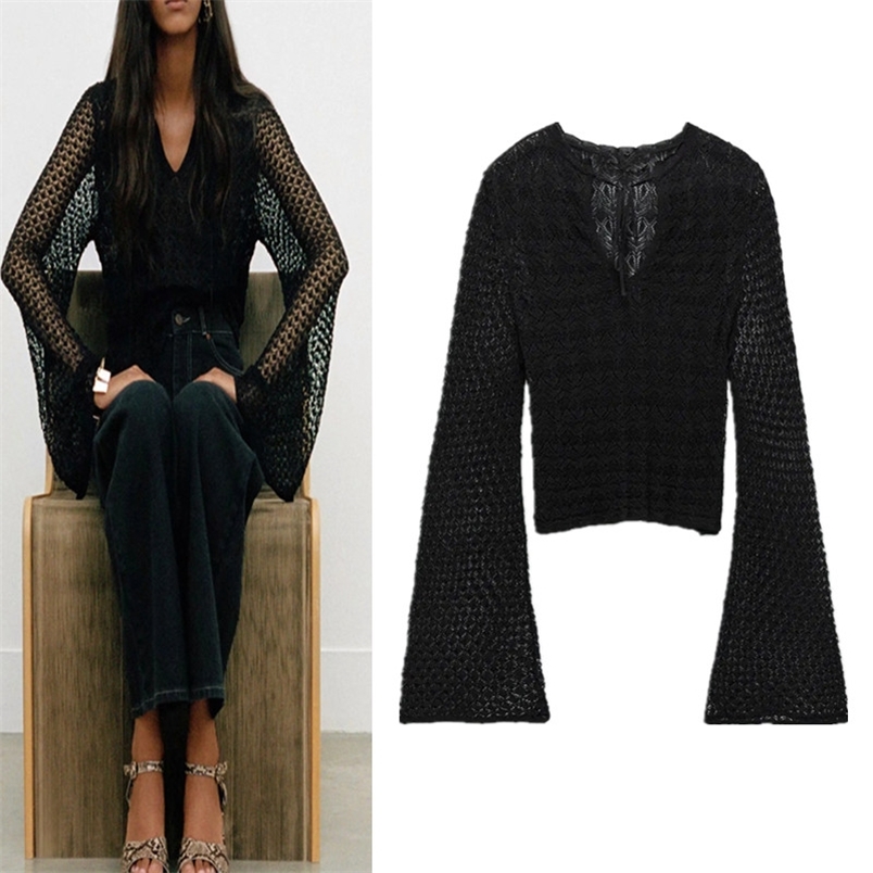

Blouse Cutout Jacquaed Semi-sheer Open-Knitted Vintage O-neck Drawstring Long Flared Sleeves Female Chic Sexy Top 210519, Black