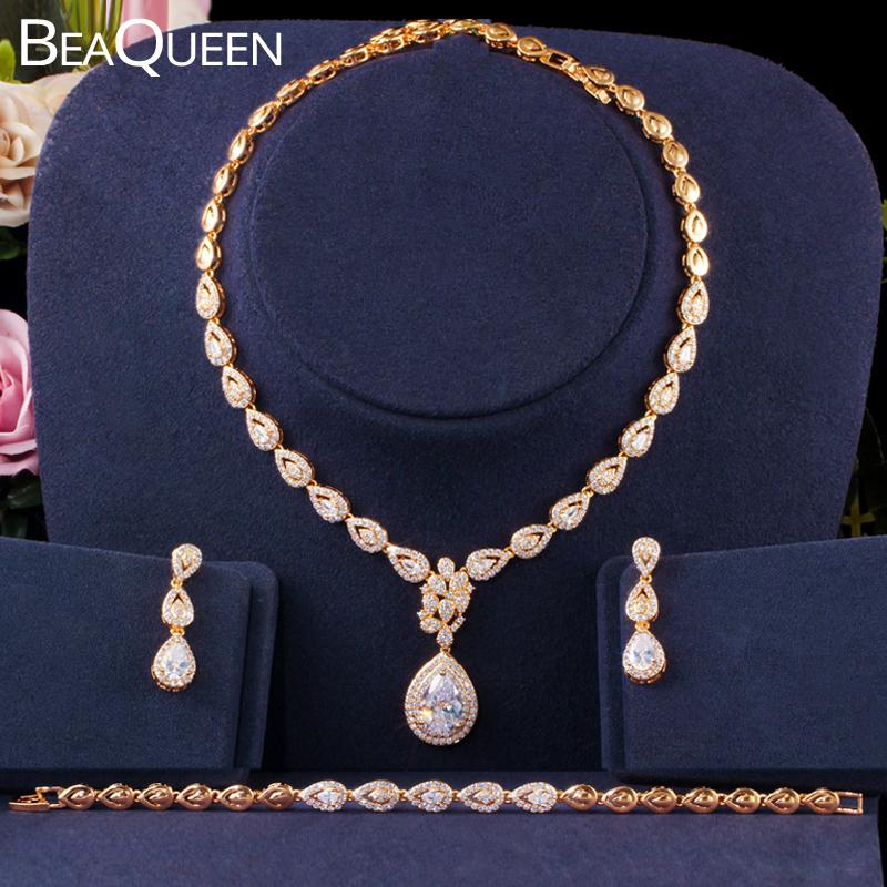 

Earrings & Necklace BeaQueen Classic Gold Leaf Shape Cubic Zirconia Water Drop Bracelets 3pcs Wedding Jewelry Sets For Women JS241, Silver