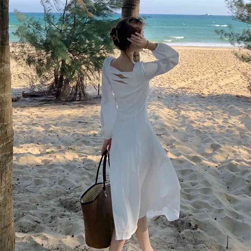 

Fashion women' dress spring first love white retro square collar with waist and thin temperament 210520
