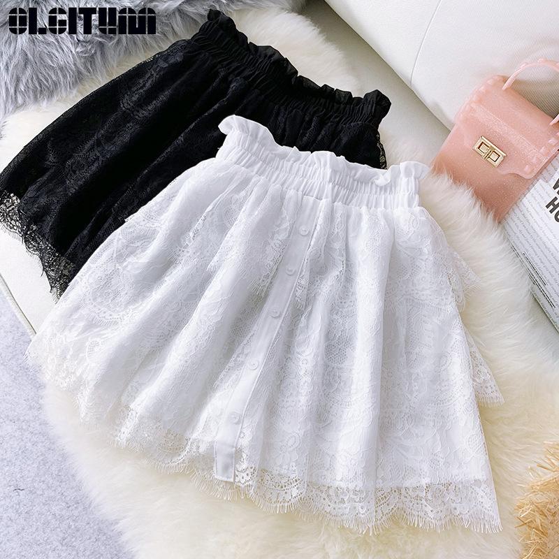 

Skirts Fashion 2021 Women Ladies Elegant High Waist Pleated Sun Skirt Lace Mini Summer Fringe Cake Shorts Female SK443, White