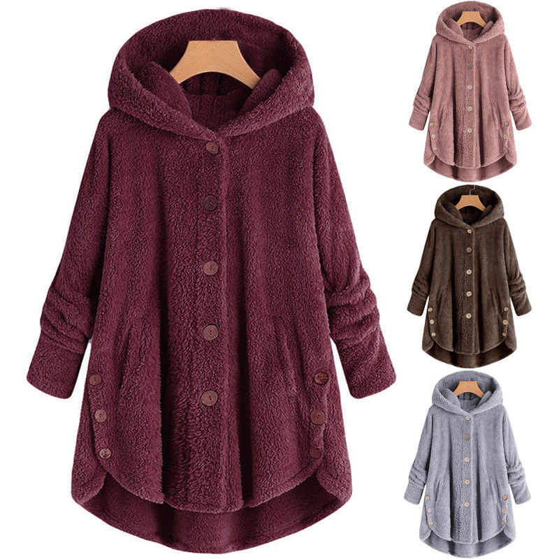 

New Women Winter Warm Fluffy Coat Button Casual Jacket Tops Outwear Teddy Bear Loose Overcoat Plus Size S-3XL, Black;brown