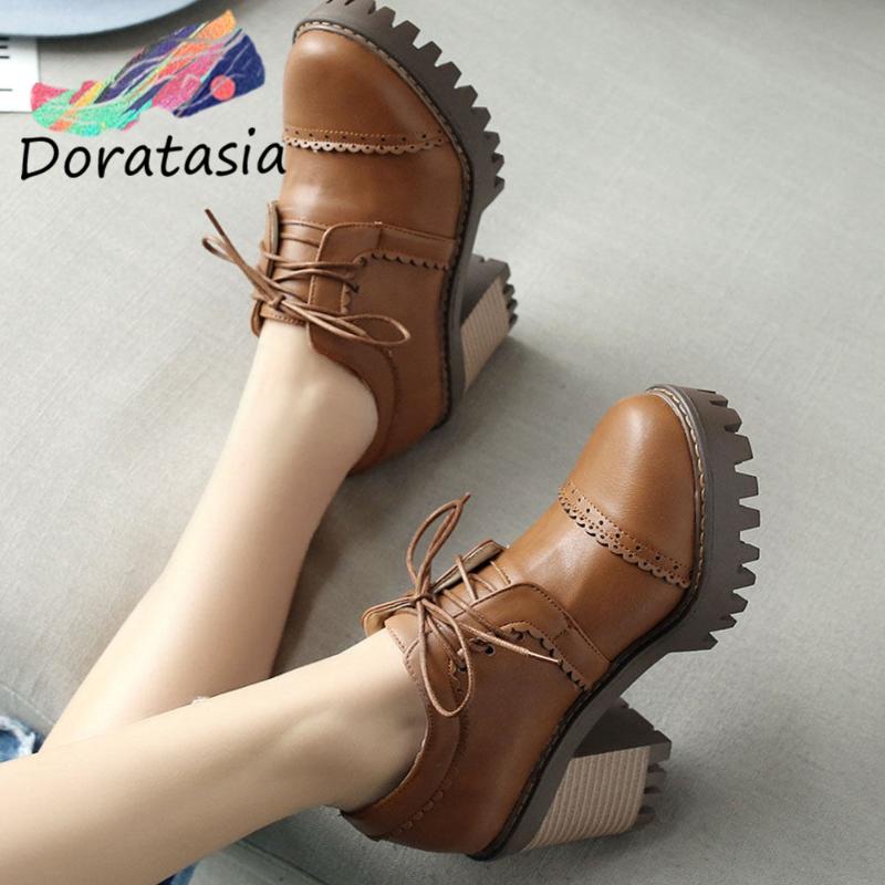 

Office Women Lace Up Spring Brand Shoes Sewing Casual Comfy Pumps Vintage Brogue High Heels Dress, Black