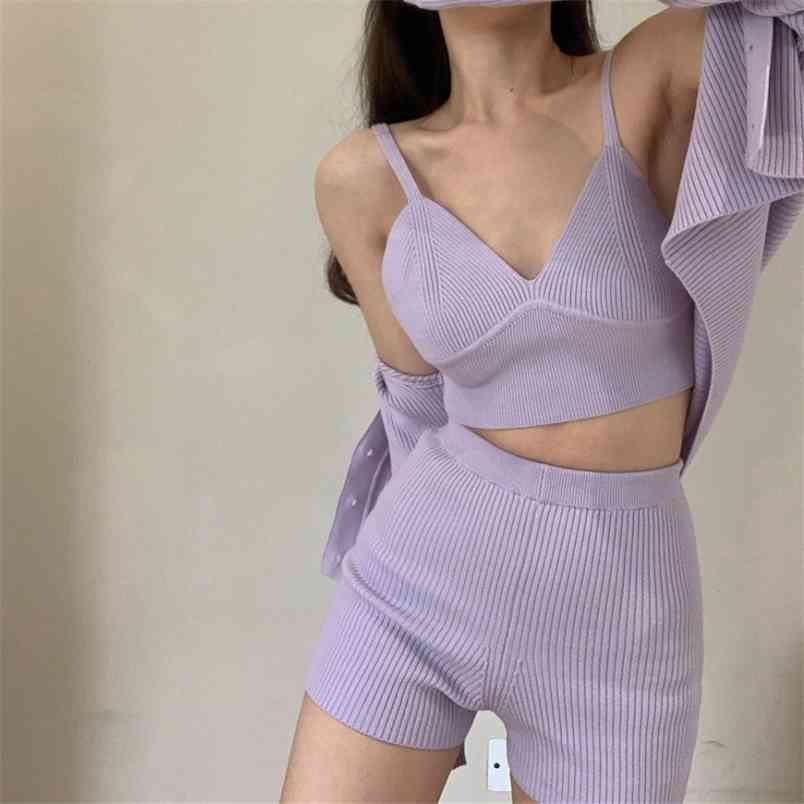 

Korean Fashion Summer 3 Piece Set Casual Knitted Women Elegant Long Sleeve Cardigan + Sling V-Neck Vest Shorts Outfits 210519, Photo color