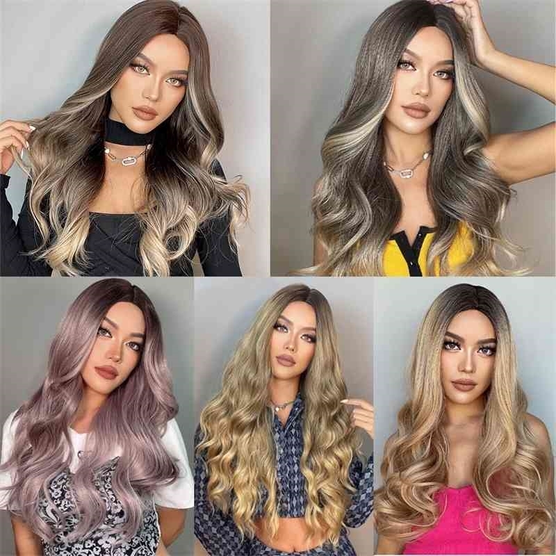 

medium style Hot selling gradient Gold Purple big wave long curly wig women's full head cover, Light brown