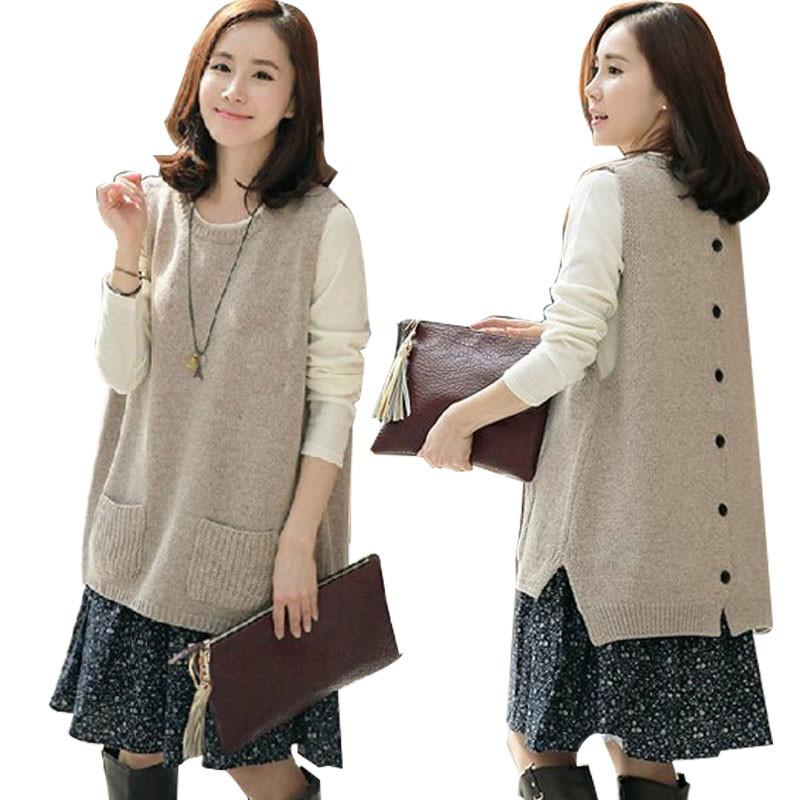 

Women's Vests 2022 Sweater Spring Autumn Cashmere Wool Knitting Pocket Pull Women Vest Back With Button Female Loose PZ2664, Black;white