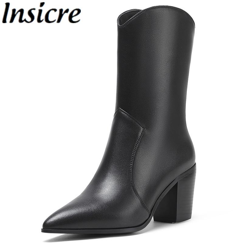 

Boots Insicre 2021 Women Ankle Full Cow Leather Black Pointed Toe Thick Heels Big Size 46 Classics Winter Shoes Suede
