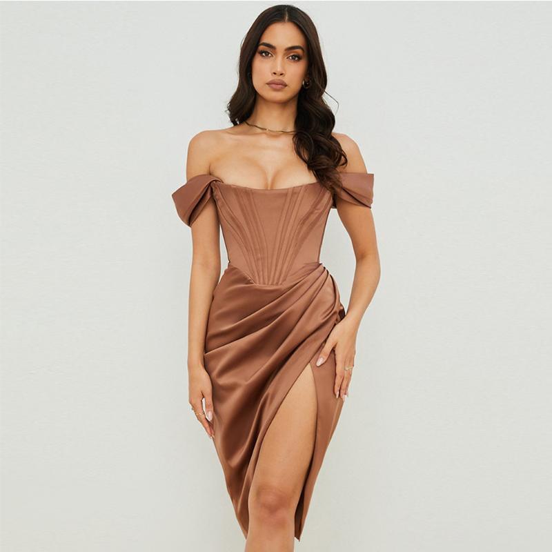 

Casual Dresses High Quality Satin Bodycon Dress Women Party 2021 Arrivals Midi House Of Cb Celebrity Evening Club, Brown bone dress