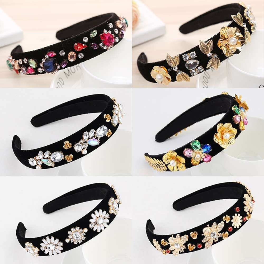 Court style Baroque hairband Pearl Rhinestone Hair Ornament Gold Velvet wide edge Hairband-image-695848289