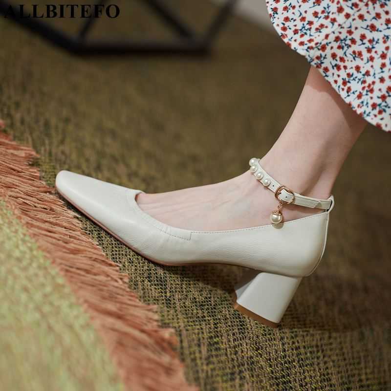 

ALLBITEFO size:33-42 genuine leather square toe thick heels women high heels shoes brand high heel shoes 210611, As picture