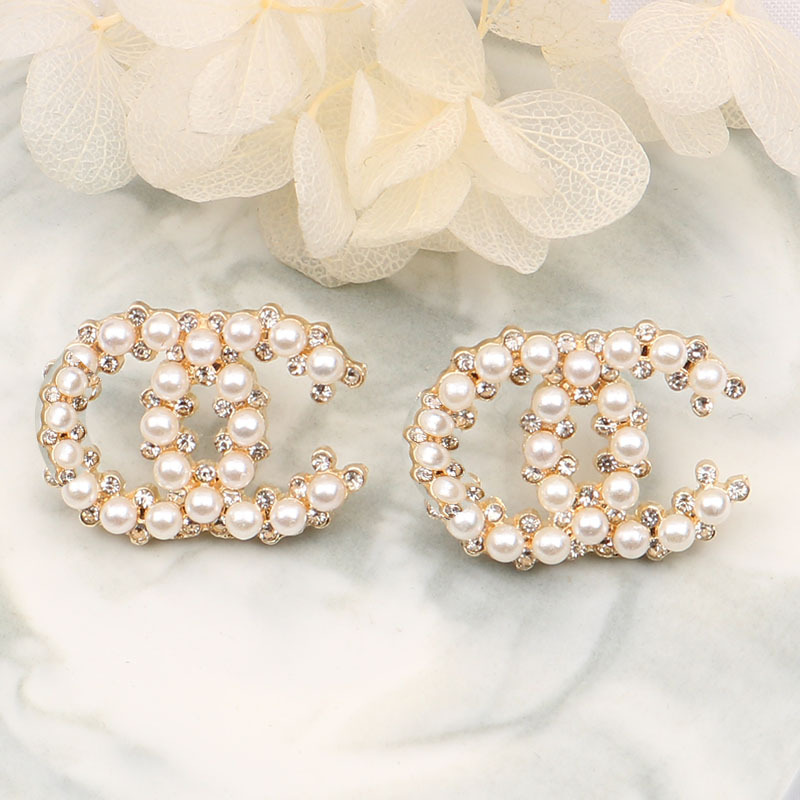 

5Style Small 18K Gold Plated 925 Silver Luxury Brand Designers Letters Stud Geometric Famous Women Round Crystal Rhinestone Pearl Earring We, Golden;silver