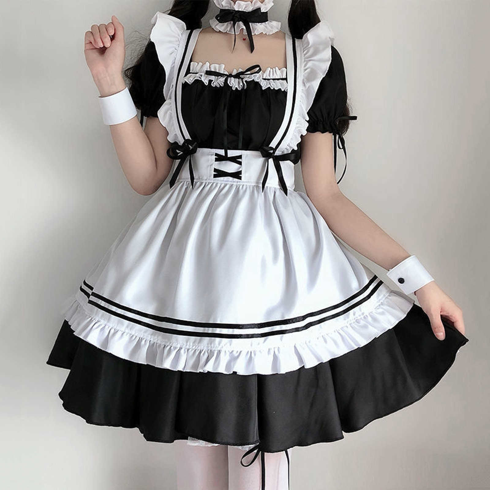 

Sweet Lolita Dress French Maid Waiter Costume Women Sexy Mini Pinafore Cute Outfit Halloween Cosplay For Girls Plus Size S-2XL Y0827