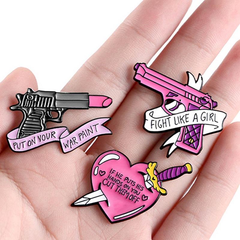 

Pins, Brooches Fight Like Enamel Pins Lipstick Gun Magic Wand Lapel Pin Coat Shirt Bag Pink Badges Feminist Jewelry Gift