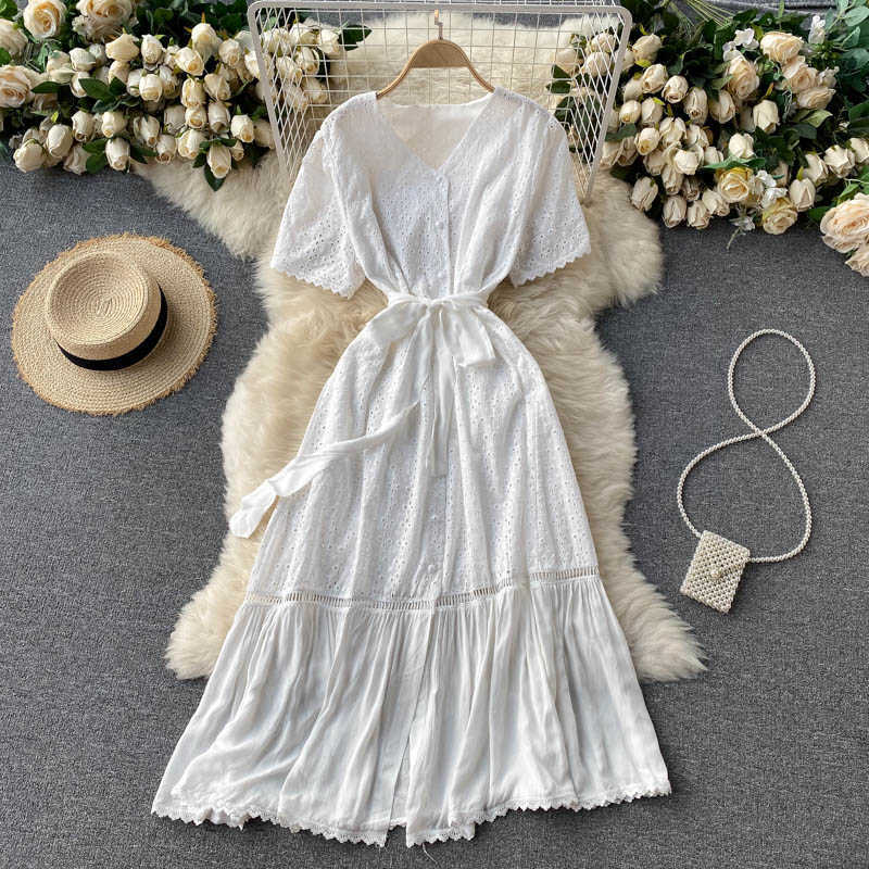 

DEAT Women Beach Style Breasted Ruffles Midi Dress Short Sleeve Temperament V-neck Slim Fashion Spring Summer 11B782 210709, Blue