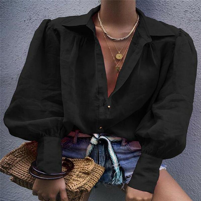 

Women's Blouses & Shirts Fashion Solid Women Clothes Chiffon Lantern Long Sleeve Loose Ladies Summer Autumn Casual Buttons Blouse Tops, White