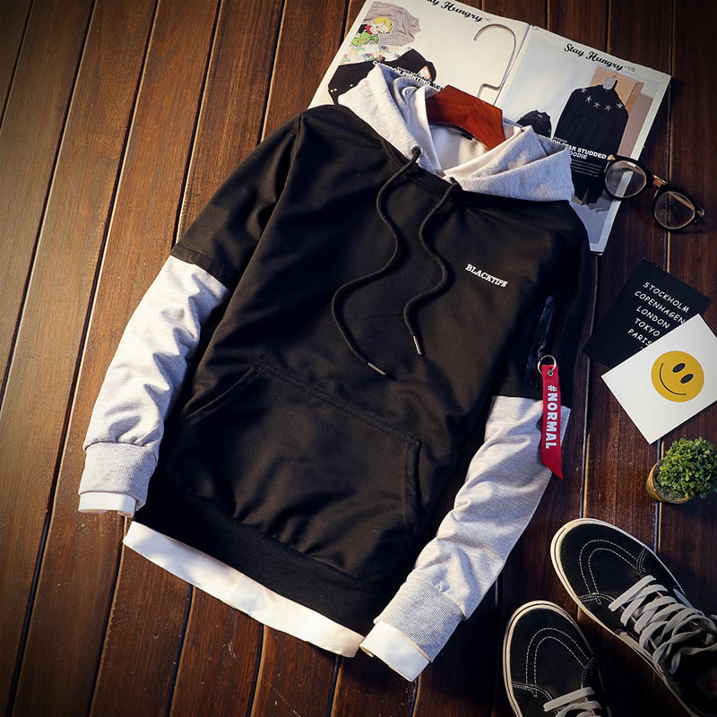 

Men's Fleece 21 Autumn Fake Two Piece Korean Fashion Loose Large Letter Printed Hooded Sweater, Black