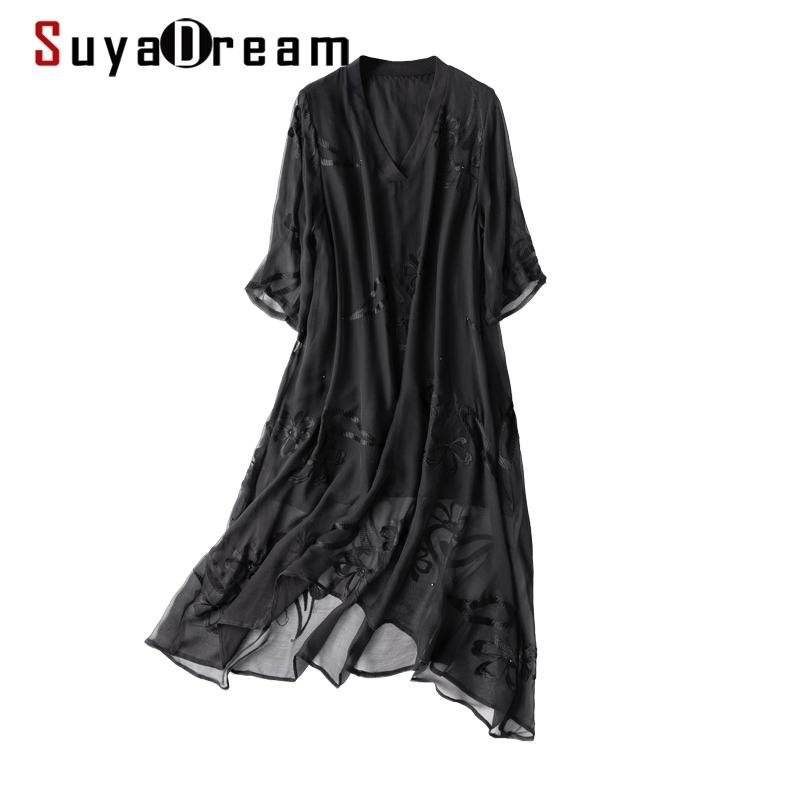 

SuyaDream Woman Black Dress 100%Silk Georgette A line V neck Embroidery Dresses Spring Summer Mid Dresses 210603