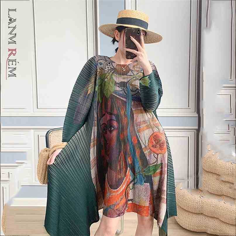 

Women Pleated Big Size Dress Round Neck Three Quarter Sleeve Loose Fit Female Fashion Summer 2E1977 210526, Picture color