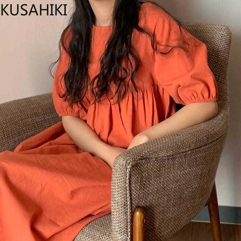 

KUSAHIKI Korean Chic Summer Dress Women Puff Sleeve O-neck Folds High Waist Dresses Summer Bow Tie Backless Vestidos 6H723 210602, Orange