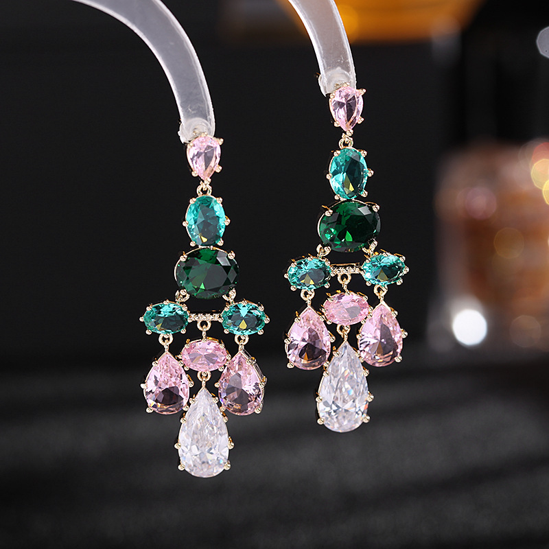 

Bohemian Women Dangle Earrings for Wedding Party Summer Beach Personality Jewelry Luxury Pink Green Crystal Zircon Long Drop Earring