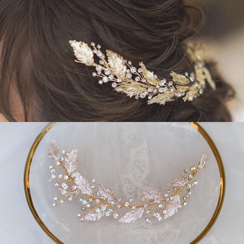 

SLBRIDAL Handmade Vinatge Gold Crystal Rhinestones Branch Leaf Wedding accessories Hair Vine Bridal Headband Women Jewelry