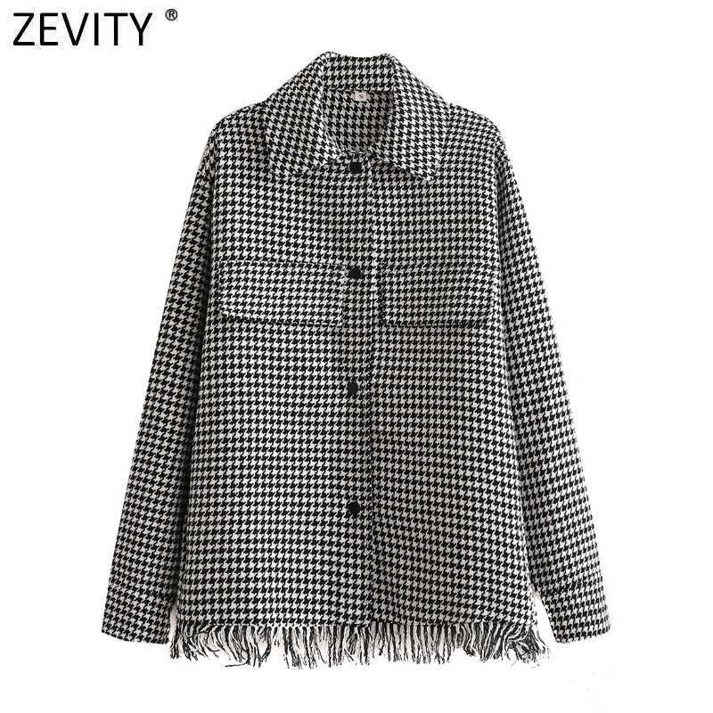 

Zevity Women Vintage Trimming Tassel Decoration Houndstooth Shirt Coat Female Long Sleeve Casual Outwear Jackets Chic Tops CT674 210603, As pic ct674xqj