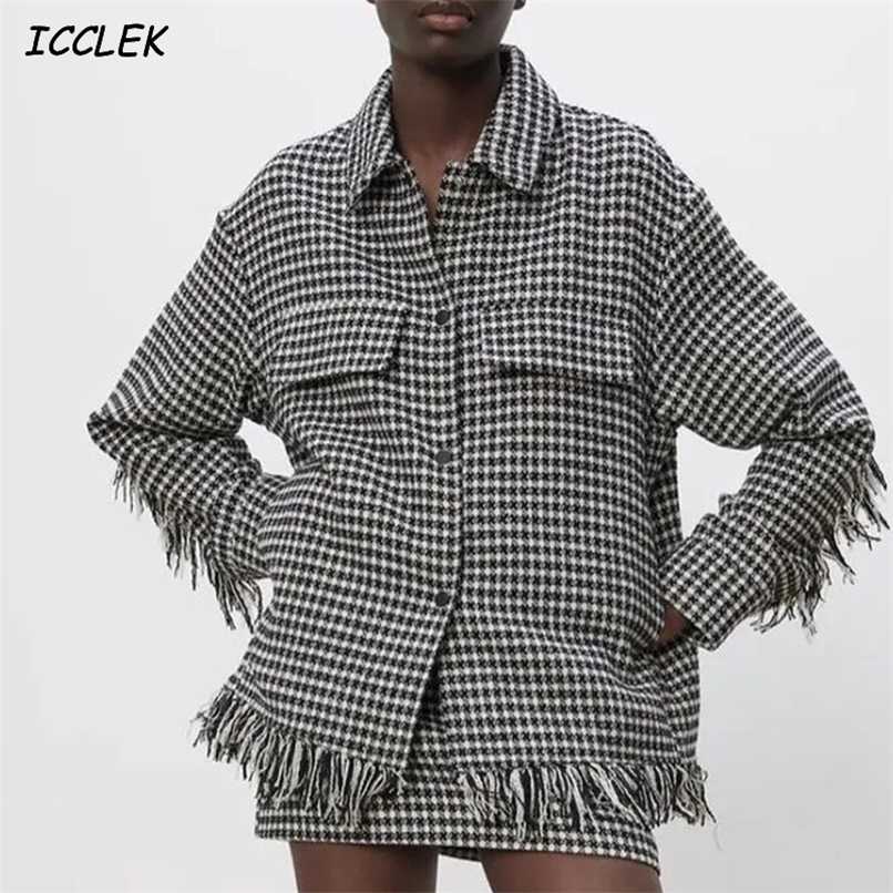 

Za Women Shirts Oversize Houndstooth Jacket coats With Pocket Female Vintage Plaid Jacket Spring Tassel Coat TRF Mujer 211109, Skirt