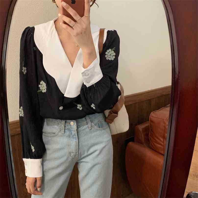 

Black All Match V-Neck Brief Office Lady Flowers High Quality Vintage Gentle Elegance Female Shirts Tops 210525, Photo color