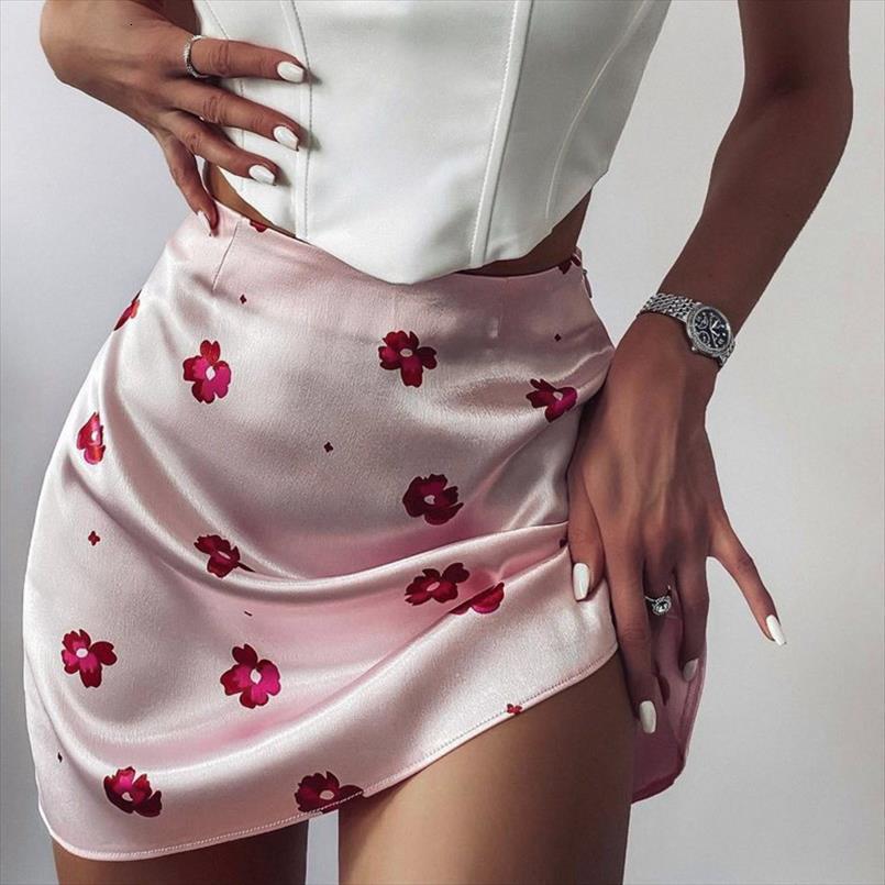 

sweet floral print satin mini women skirt y2k korean style summer high waist a lin bodycon harajuku streetwear clothes, Black
