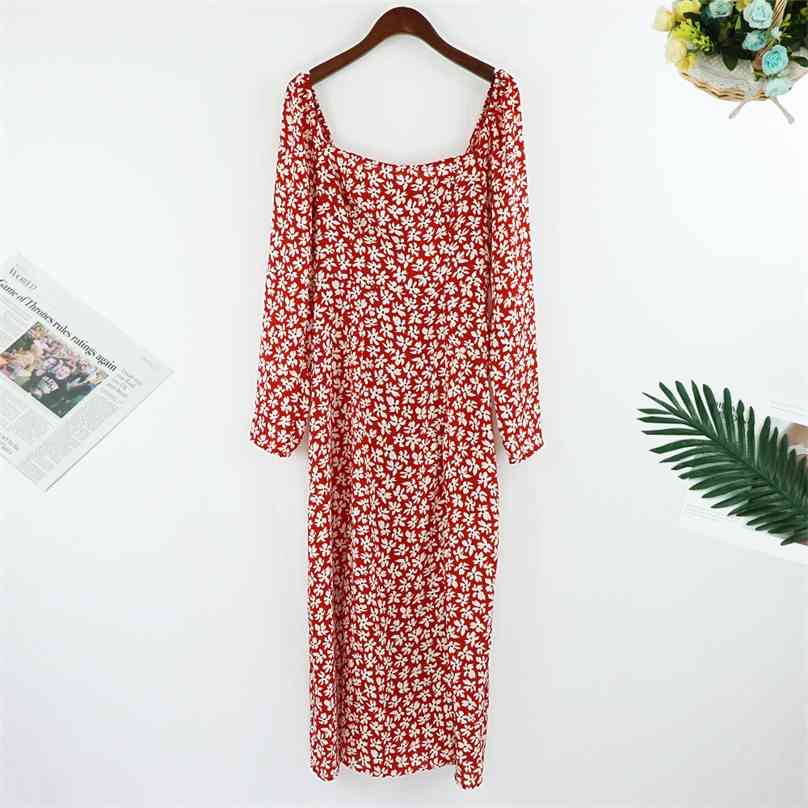

Vintage Red Floral Print women midi dress Fashion high Split vestido Elegant square neckline Long sleeve she 210520