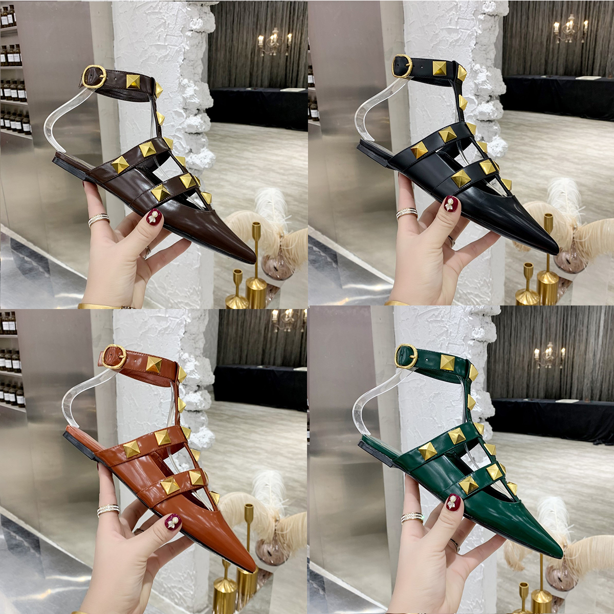 

[With box]Women Pumps Wedding Shoe Woman Heels sandal Nude Fashion Ankle Straps Rivets Shoes Sexy High Bridal 35-42, Black
