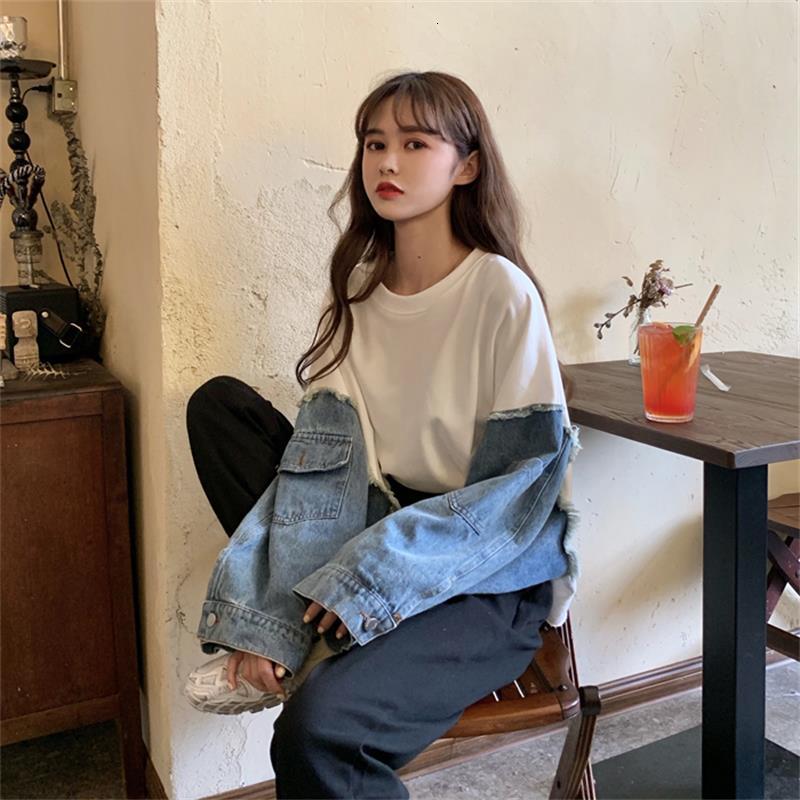 

women's hoodies & sweatshirts korean-style female sweatshirt, women's blouse sewn into ulzzang jeans, round collar, vintage style, Black