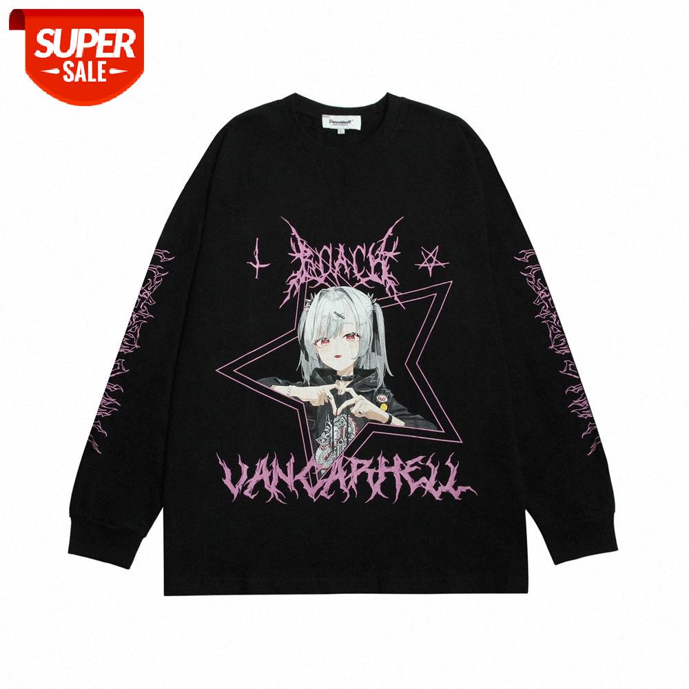 

Two-dimensional anime character printing long-sleeved T-shirt men's bf lazy street style loose round neck compassionate shirt #137D, White;black