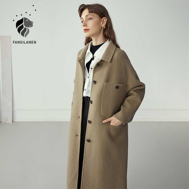 

FANSILANEN Long 100% cashmere wool coat Women elegant khaki wram winter jacket Oversized pocket vintage knitted female 210607