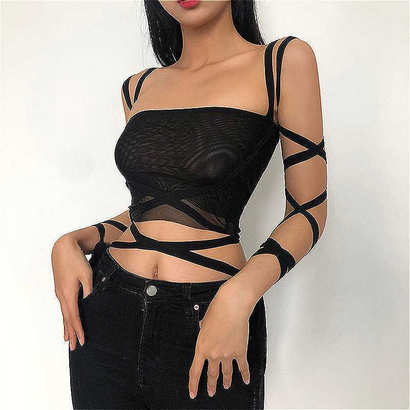 

Korea Black Mesh Lace Up Bandage Crop Top Fairy Grunge Aesthetic Clothes Cyber Y2k Mall Goth Tanks Sexy Clothing QWA8 210603