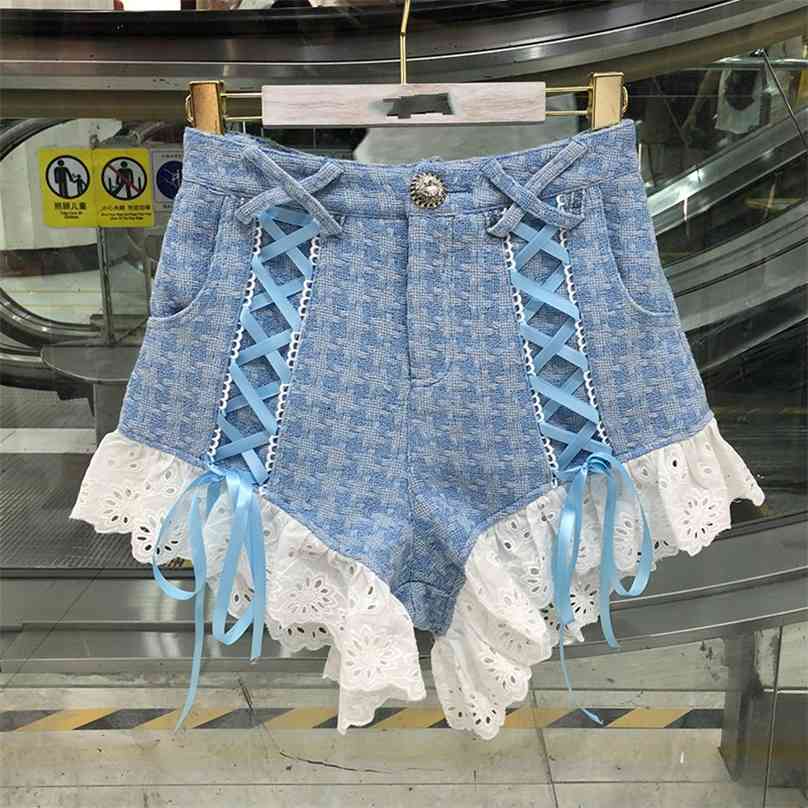 

High Quality Women Sexy Lace-up Shorts Jeans Patchwork Lace Ruffled Female 210719, Blue