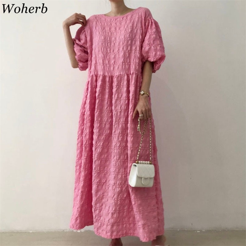 

Sweet Puff Sleeve Waffle Plaid Dress Women O Neck Vestidos Korean High Waist A Line Elegant Dresses 210519, Mustard green