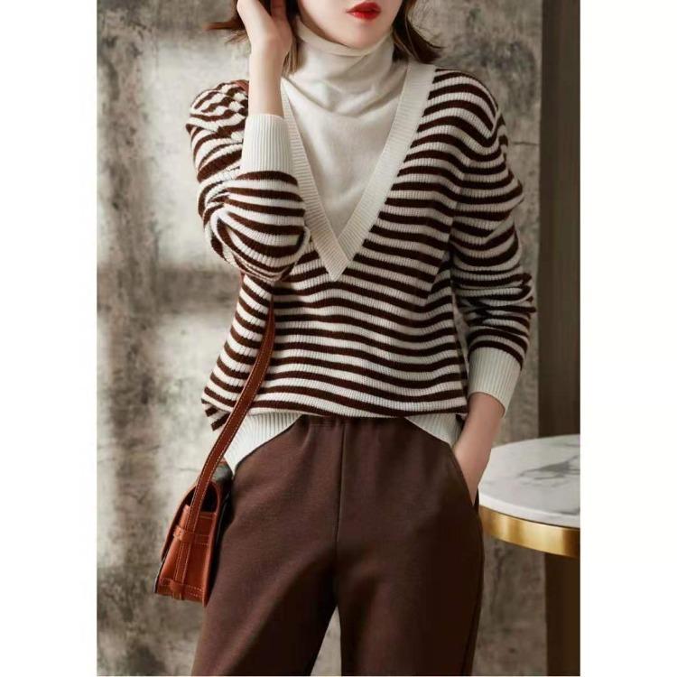 

Women's Sweaters Women Striped Turtleneck Knitted Sweater 2021 Autumn Winter Fashion Warm Thick Oversize Pullovers Female Jumper Tops, White;black