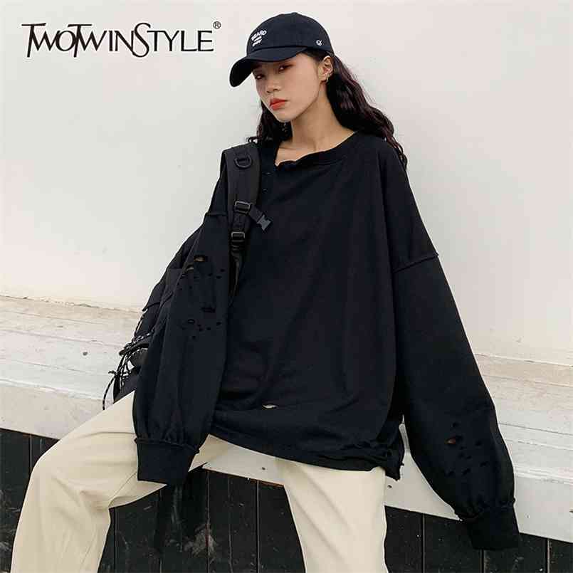 

White Hollow Out Pullovers For Women O Neck Long Sleeve Patchwork Hole Sweatshirt Female Fashionable Clothing 210524, Black